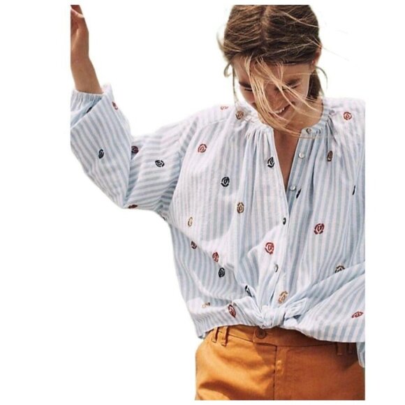 Anthropologie Akemi + Kin Striped Button-Up Blouse With Embroidered Floral Patte - Picture 2 of 9